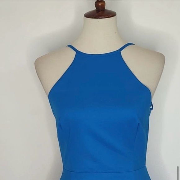 Super Down Dress sz L Blue Selena Bodycon Mini Open Back High Neck Revolve - Picture 7 of 12
